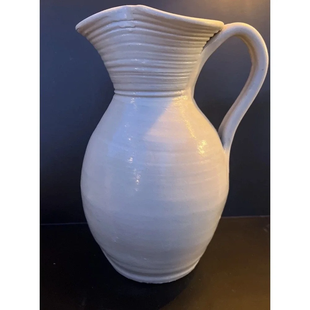 Williamsburg Pottery Pitcher Jug Vase Cobalt Blue Salt Glaze Floral 8.25